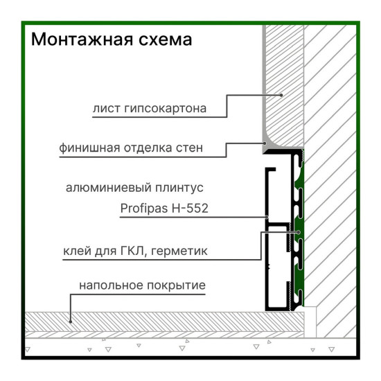 Встроенный плинтус алюминиевый 55 мм, скрытого монтажа серебро мат, монтаж на клей